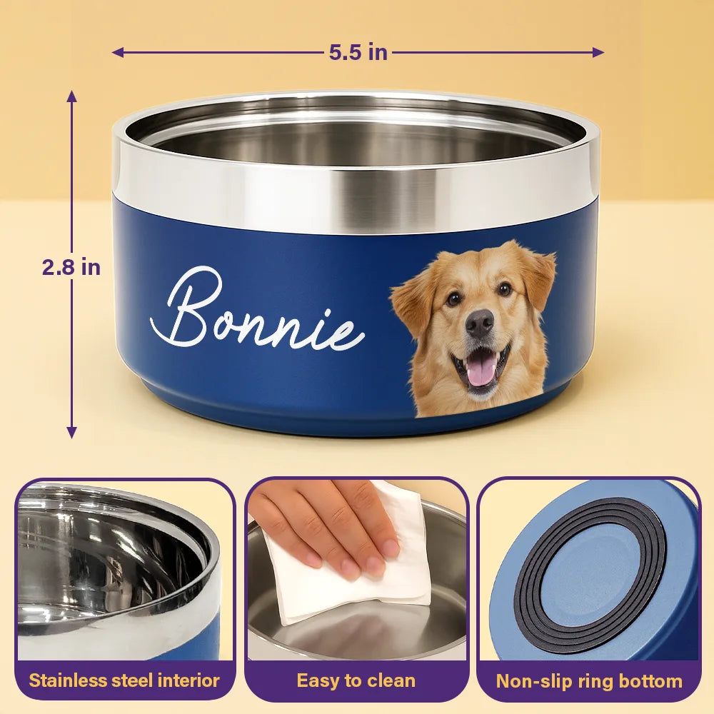 Pet Lovers - Custom Photo Pet Bowl With Name - Personalized Stainless Steel Pet Bowl