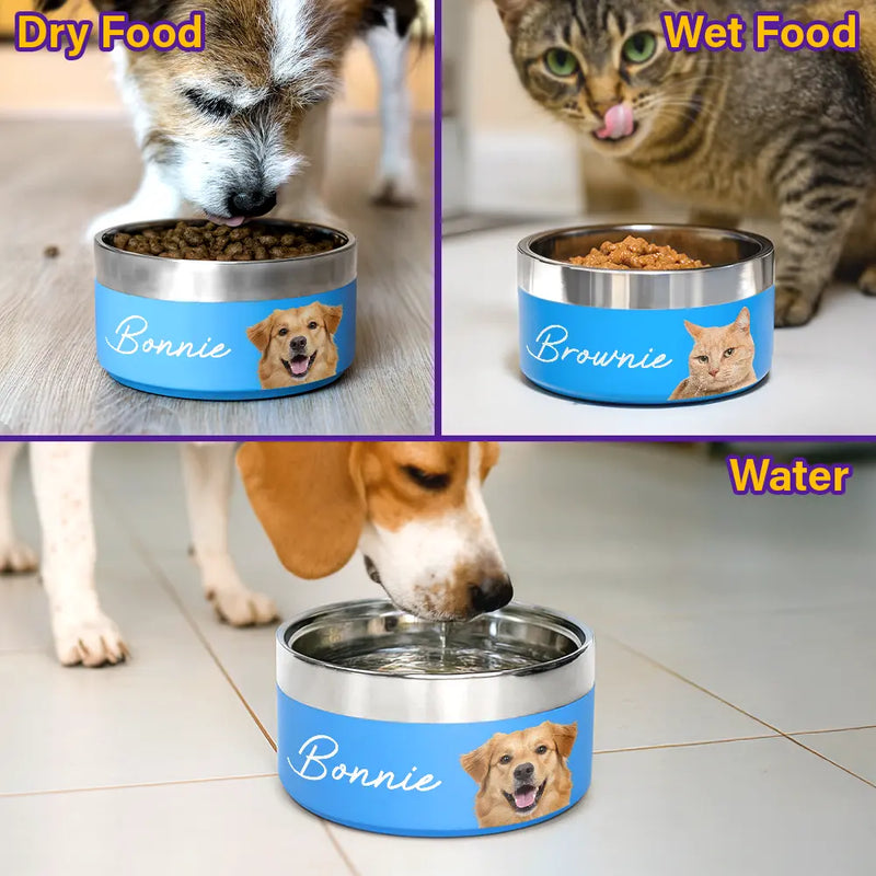 Pet Lovers - Custom Photo Pet Bowl With Name - Personalized Stainless Steel Pet Bowl
