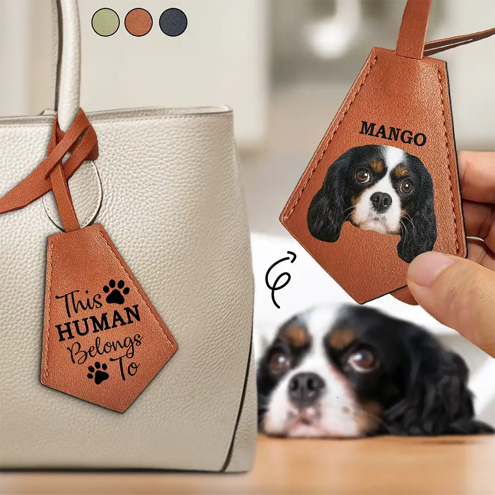Custom Photo This Human Belongs To - Personalized Tag Shaped Leather Keychain With Stitching
