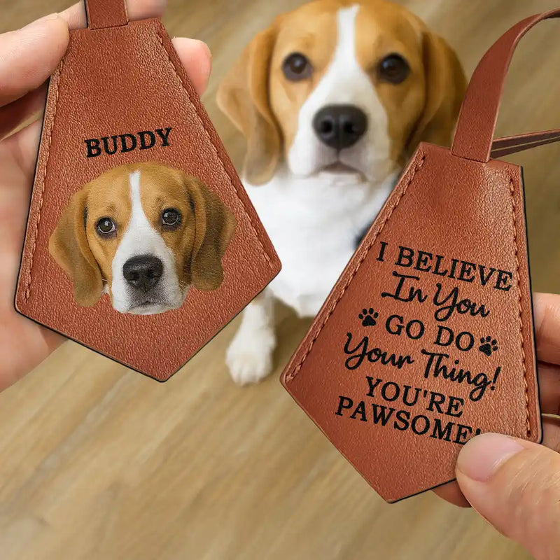 Pet Lovers - Custom Photo This Human Belongs To - Personalized Tag Shaped Leather Keychain With Stitching