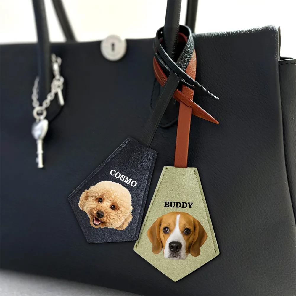 Pet Lovers - Custom Photo This Human Belongs To - Personalized Tag Shaped Leather Keychain With Stitching