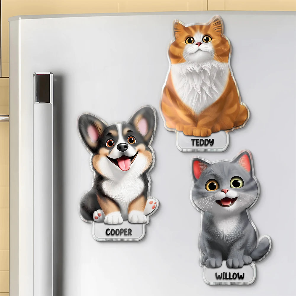 Cute Dog And Cat 3D Effect With Name - Personalized Acrylic Fridge Magnet