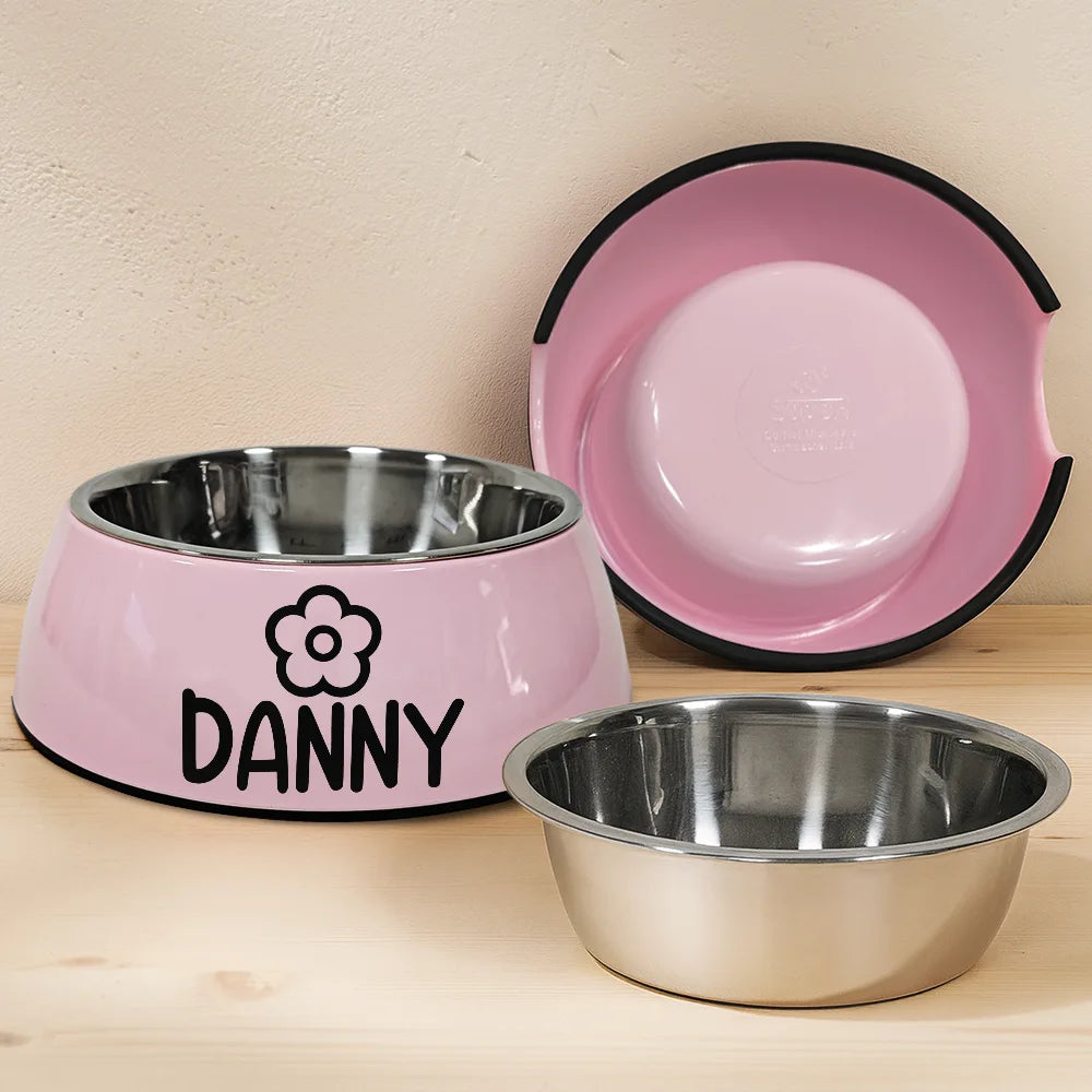 Cute Dog Cat Name With Icons - Personalized Removable Stainless Steel Pet Bowl