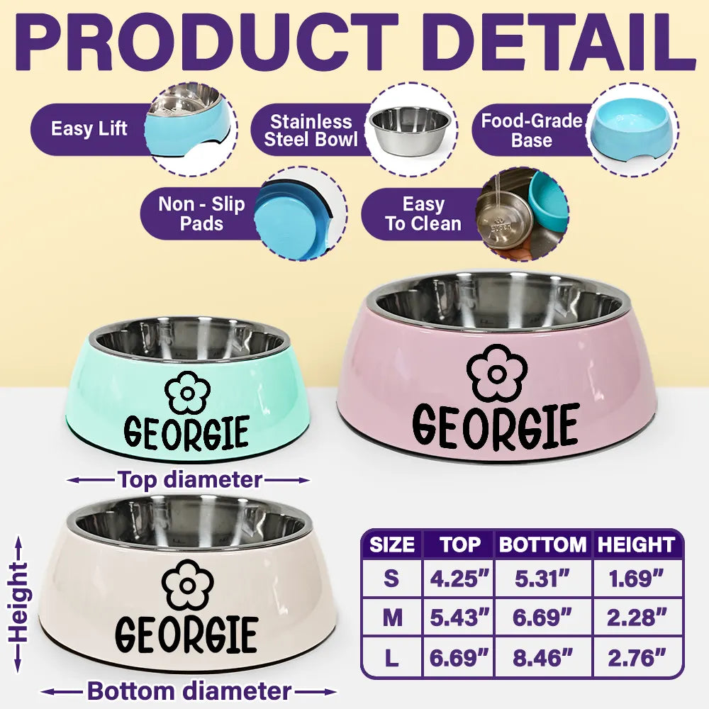 Cute Dog Cat Name With Icons - Personalized Removable Stainless Steel Pet Bowl