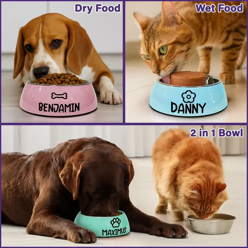 Cute Dog Cat Name With Icons - Personalized Removable Stainless Steel Pet Bowl