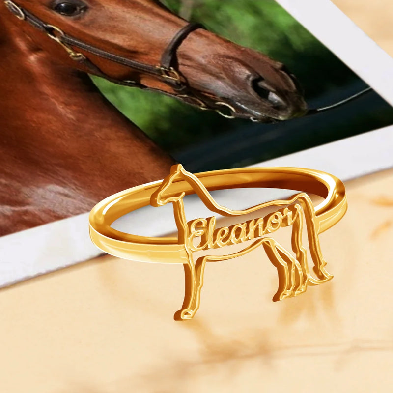 Farm, Pet Lovers, Pet Mom, Gift For Women - Cute Minimalist Horse Shaped Jewelry For Horse Lovers - Personalized Pet Silhouette Name Ring