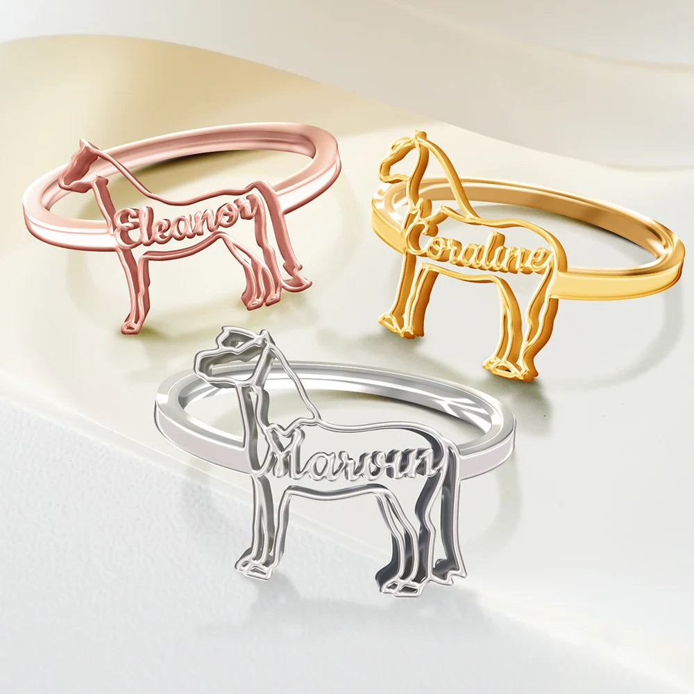 Farm, Pet Lovers, Pet Mom, Gift For Women - Cute Minimalist Horse Shaped Jewelry For Horse Lovers - Personalized Pet Silhouette Name Ring