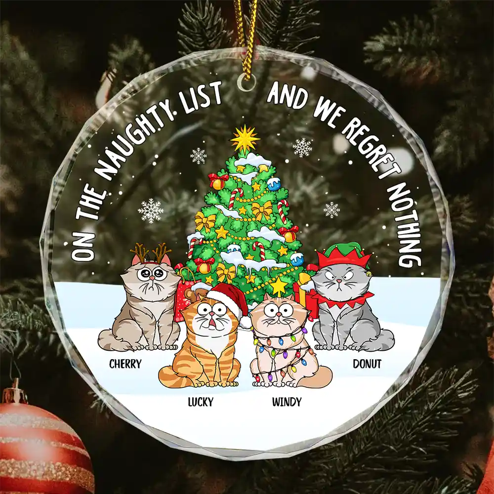 Xmas Funny Cartoon Cats On The Naughty List - Personalized Circle Glass Ornament