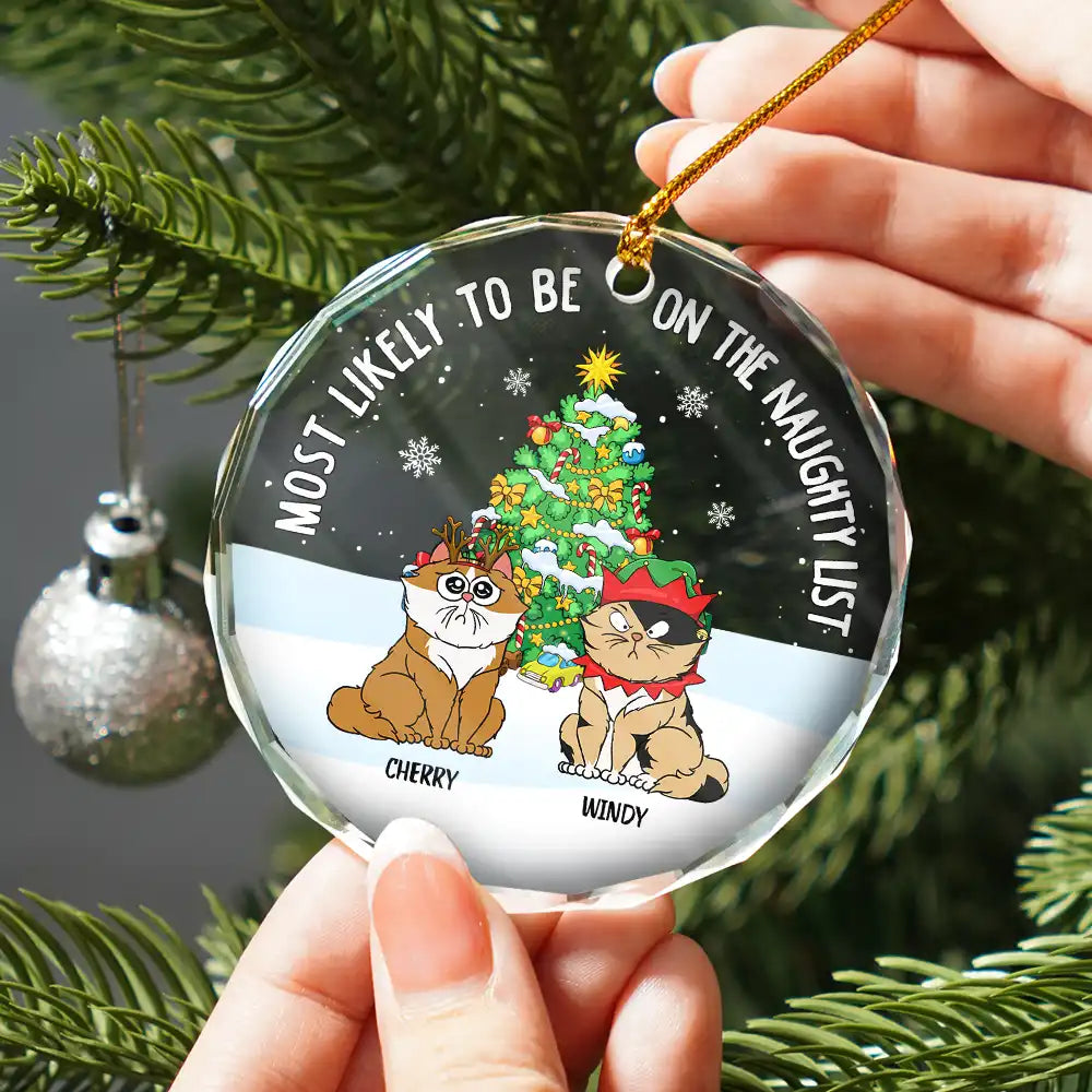 Xmas Funny Cartoon Cats On The Naughty List - Personalized Circle Glass Ornament