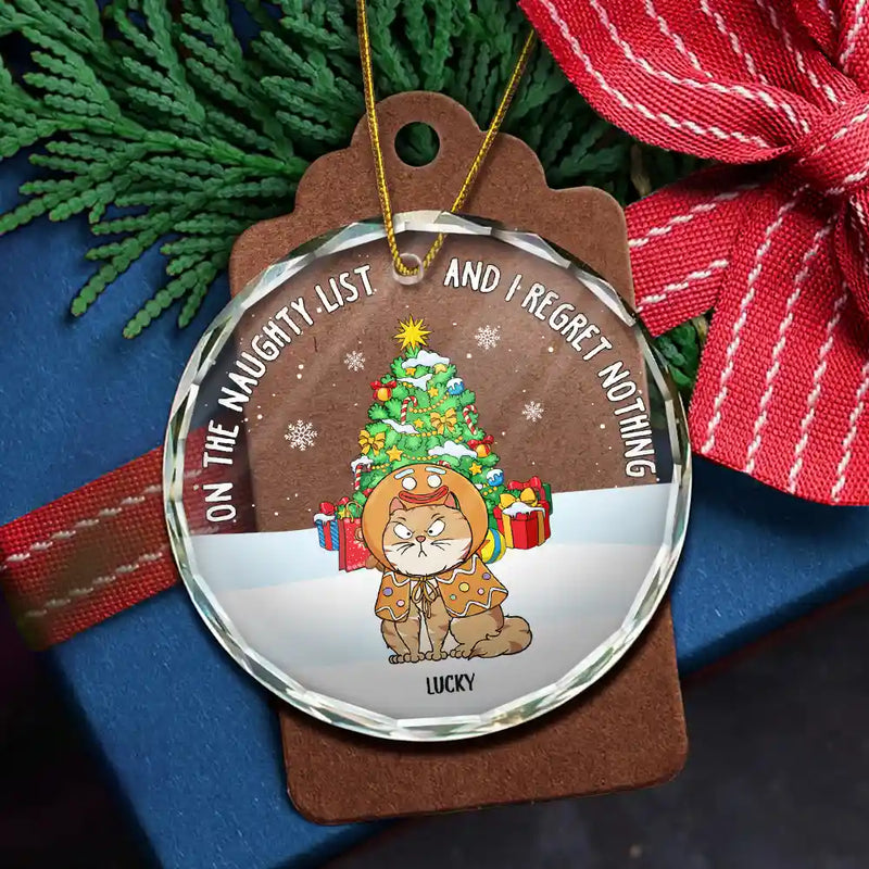 Xmas Funny Cartoon Cats On The Naughty List - Personalized Circle Glass Ornament
