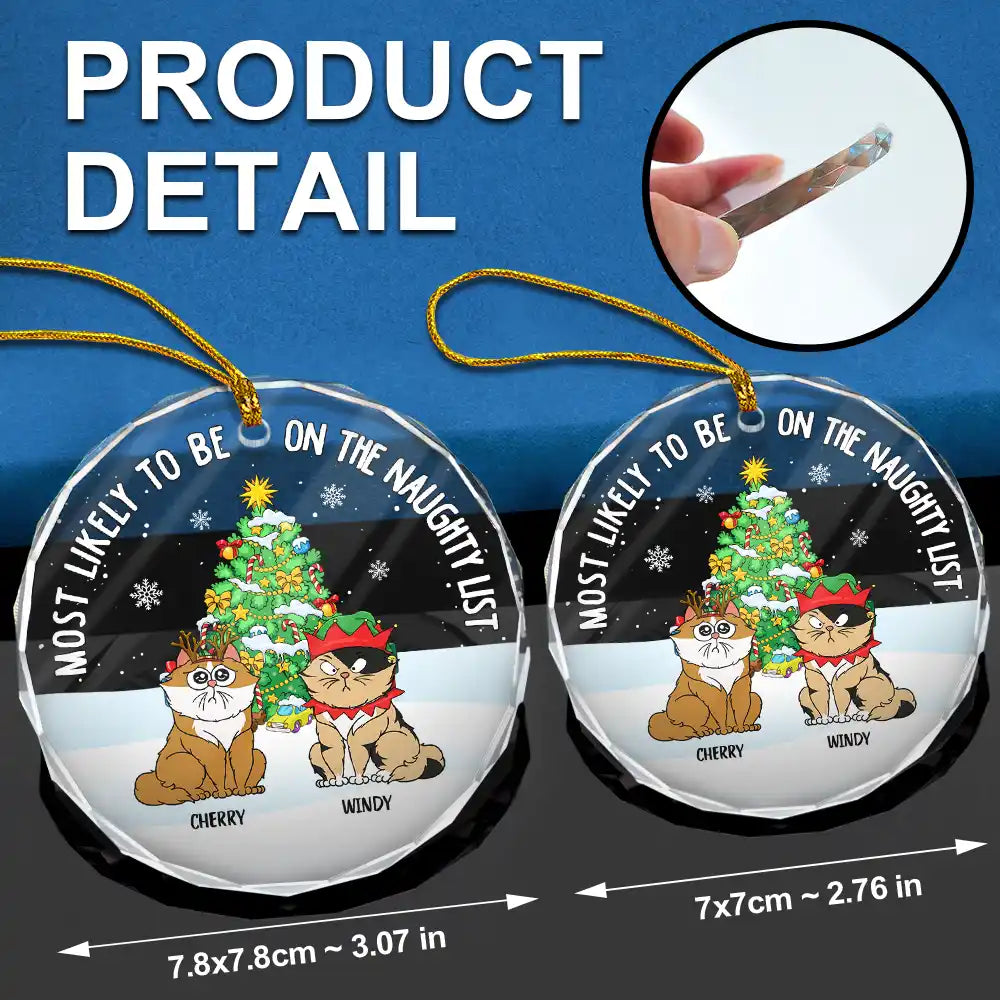 Xmas Funny Cartoon Cats On The Naughty List - Personalized Circle Glass Ornament