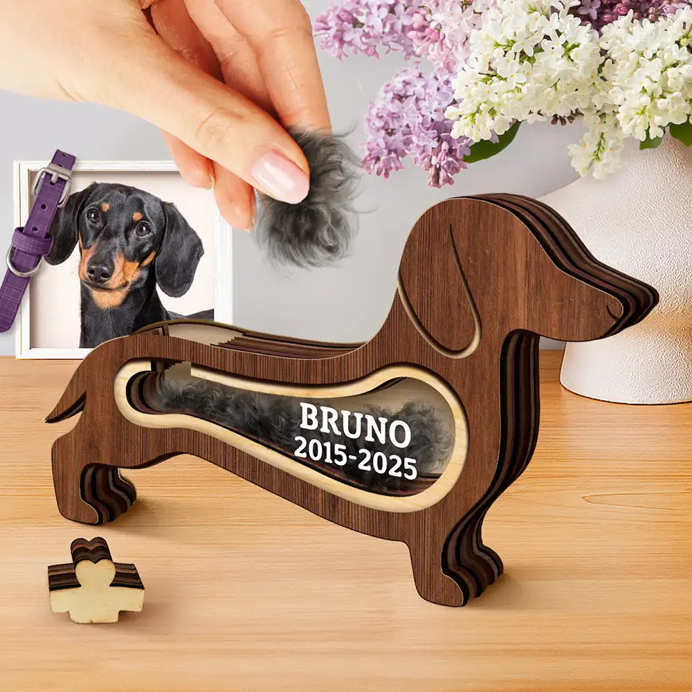 Dog Lovers,Dog Mom,Dog Dad,Pet Lovers,Pet Mom,Pet Dad,Memorial,Sad-Dachshund Dog Memorial Shadowbox Fur Keepsake - Personalized Pet Shaped Wooden Keepsake