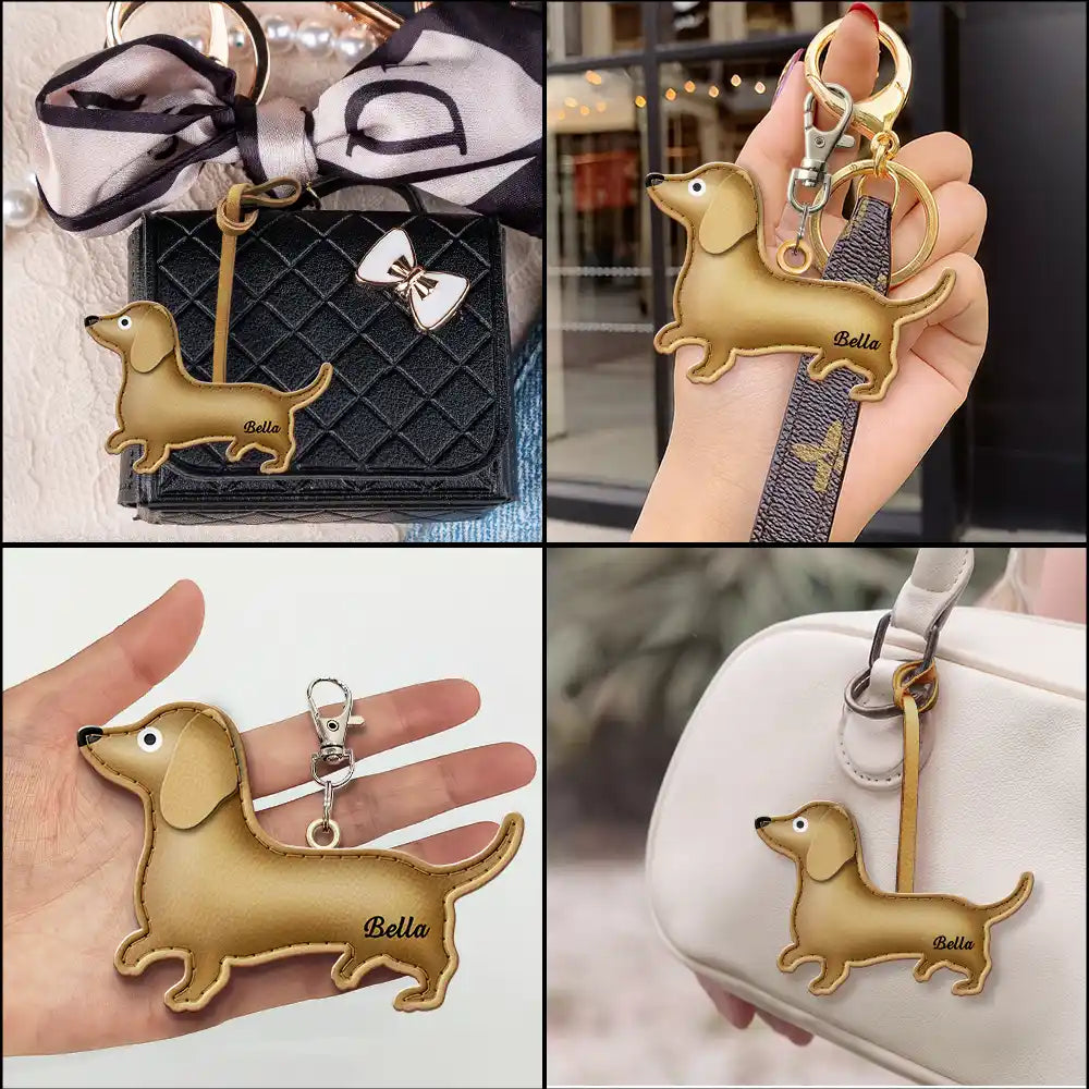 Dog Lovers,Pet Lovers,Dog Mom,Happy-Dachshund Shaped, Dog Lovers Charm - Personalized Dog Leather Bag Charm, Keychain