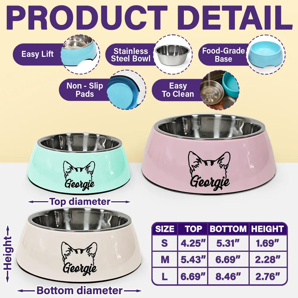 Pet Lovers,Pet Mom,Pet Dad,Dog Lovers,Cat Lovers-Dog And Cat Ear Line Art With Name - Personalized Removable Stainless Steel Pet Bowl