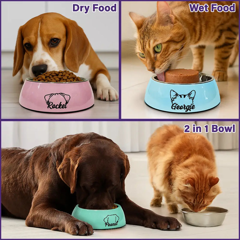 Pet Lovers,Pet Mom,Pet Dad,Dog Lovers,Cat Lovers-Dog And Cat Ear Line Art With Name - Personalized Removable Stainless Steel Pet Bowl