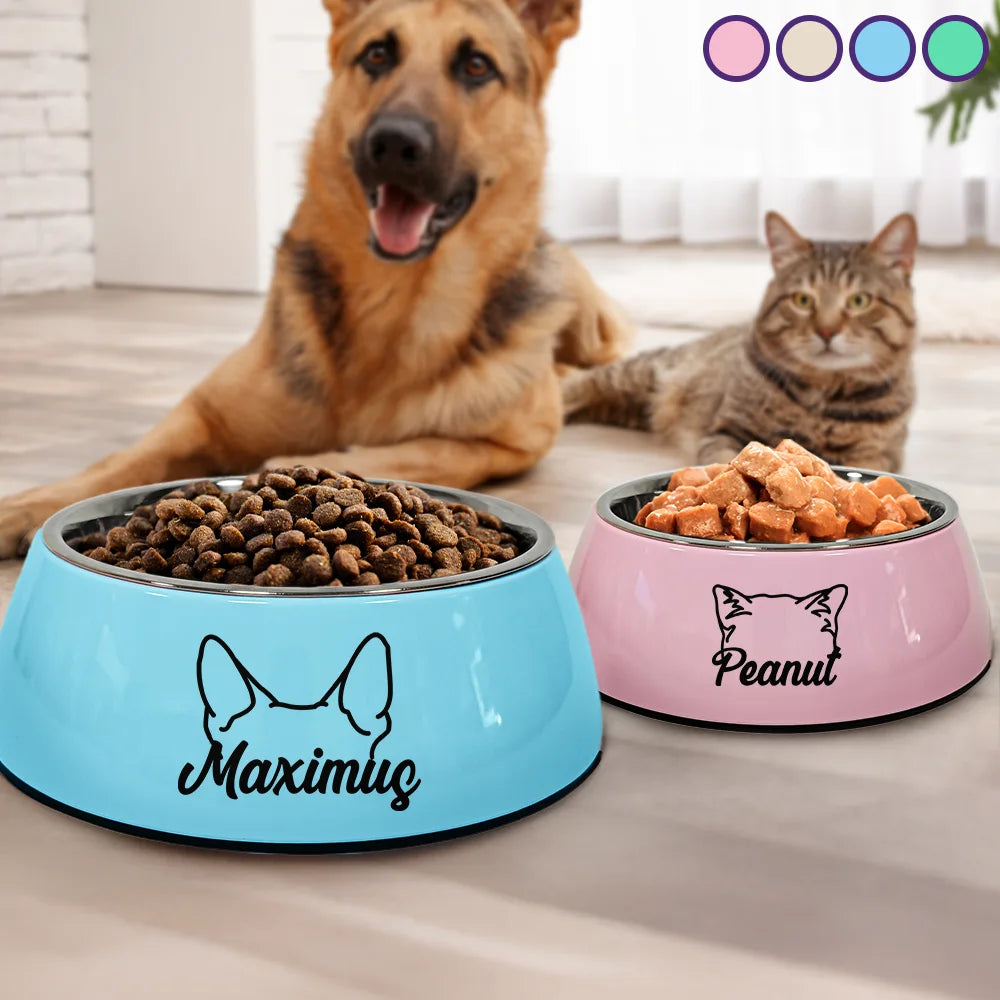 Dog And Cat Ear Line Art With Name - Personalized Removable Stainless Steel Pet Bowl
