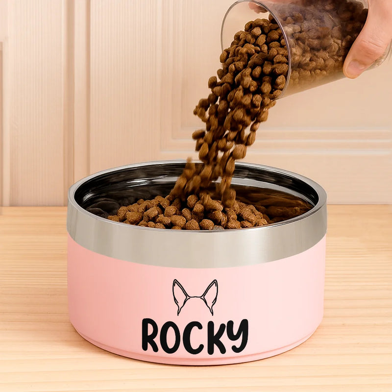 Pet Lovers,Dog Lovers,Cat Lovers-Dog Cat Ears Outline With Name - Personalized Stainless Steel Pet Bowl