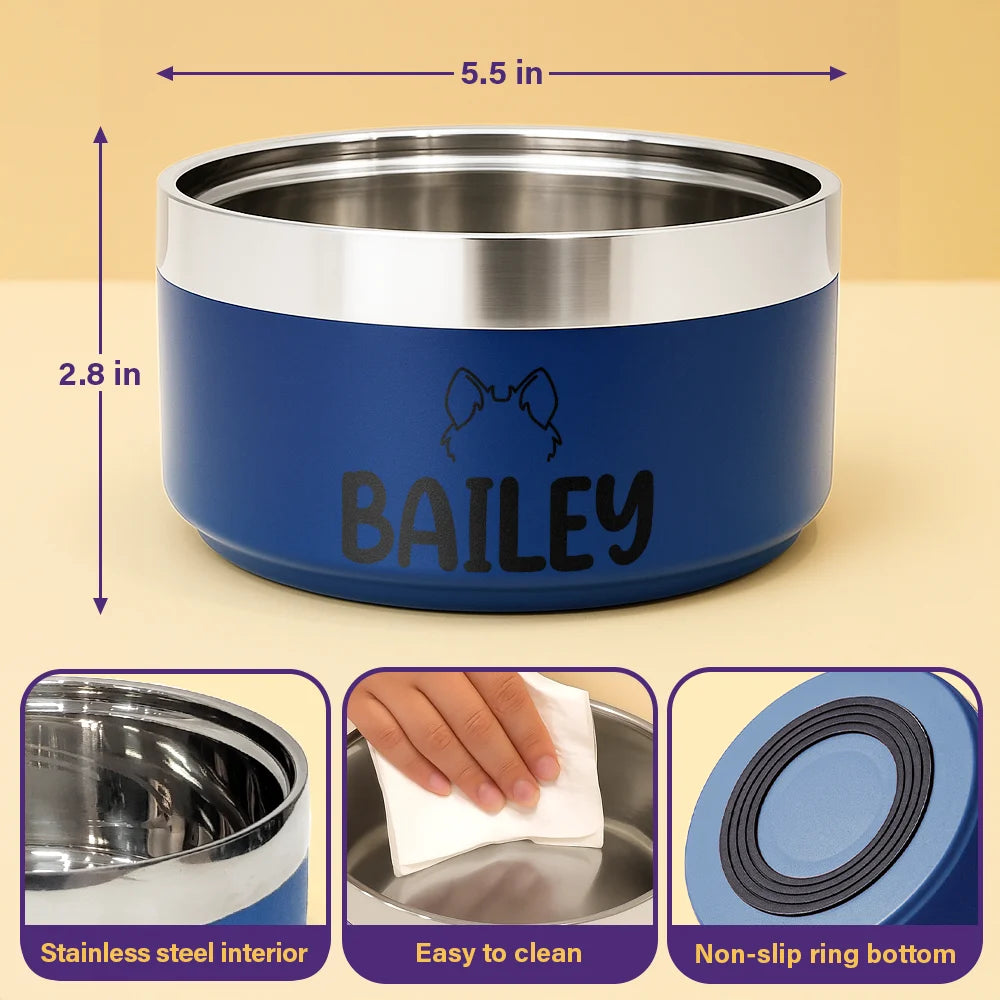 Pet Lovers,Dog Lovers,Cat Lovers-Dog Cat Ears Outline With Name - Personalized Stainless Steel Pet Bowl