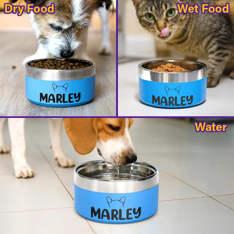 Pet Lovers,Dog Lovers,Cat Lovers-Dog Cat Ears Outline With Name - Personalized Stainless Steel Pet Bowl