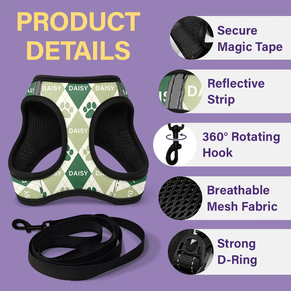 Classic Argyle Check With Paw And Name - Personalized Dog Harness Vest And Leash Set