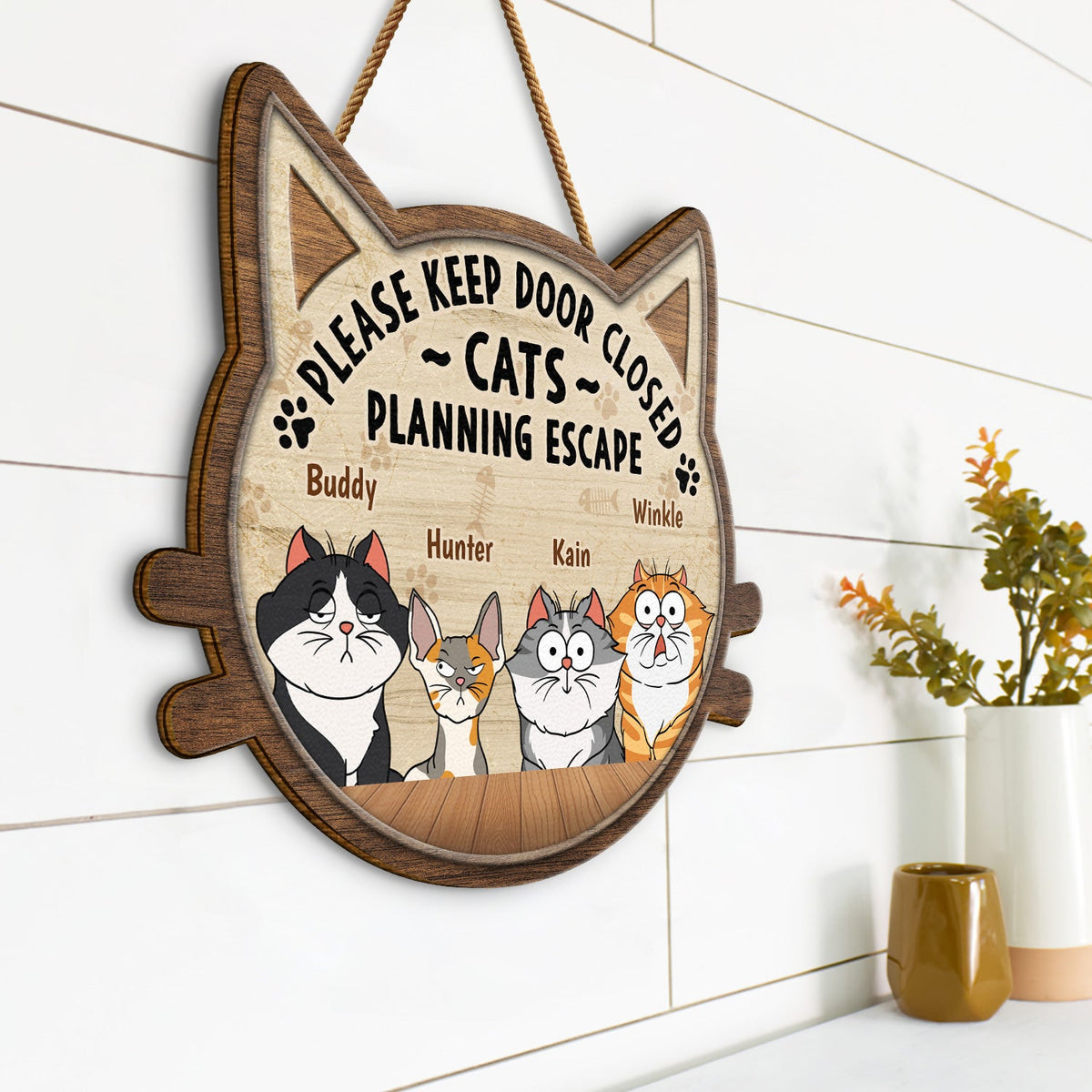 Please Keep Door Closed Cats Planning Escape - Gift For Cat Lovers - Personalized Custom Shaped Wood Sign