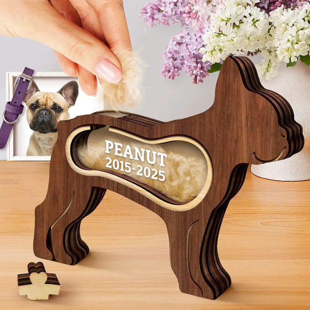 French Bulldog Frenchie Dog Memorial Shadowbox Fur Keepsake - Personalized Pet Shaped Wooden Keepsake