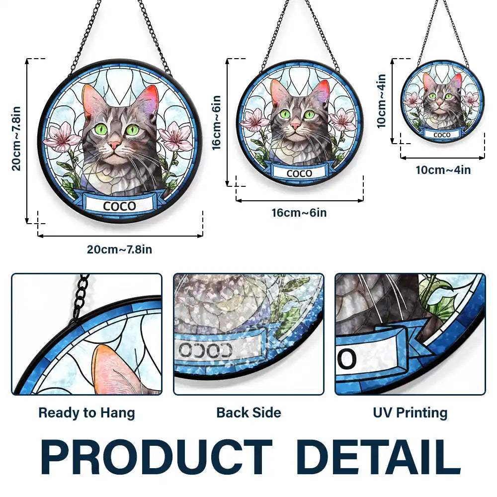 Custom Photo Dog Cat Portrait With Birth Flower - Personalized Stained Glass Window Hanging Suncatcher