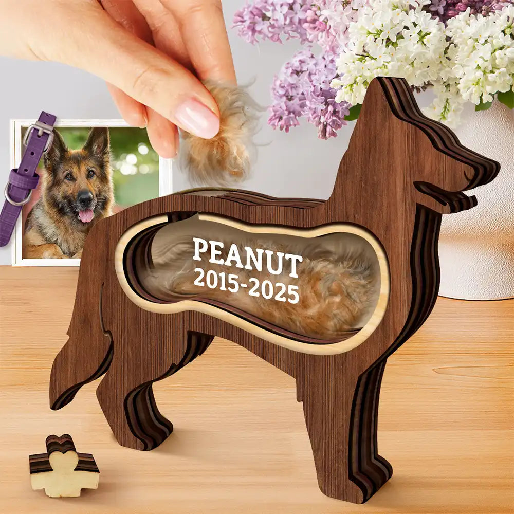 German Shepherd Dog Memorial Shadowbox Fur Keepsake - Personalized Pet Shaped Wooden Keepsake