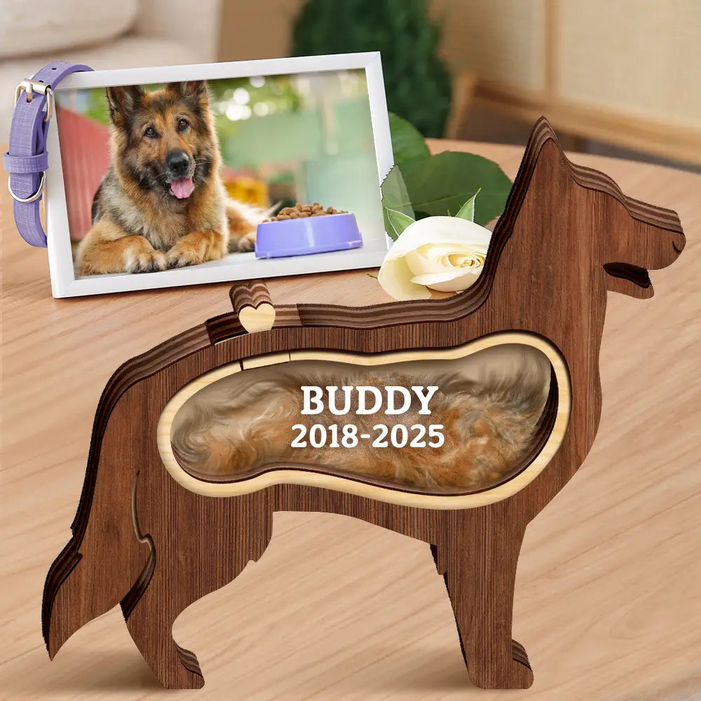 Dog Lovers,Dog Mom,Dog Dad,Pet Lovers,Pet Mom,Pet Dad,Memorial,Sad-German Shepherd Dog Memorial Shadowbox Fur Keepsake - Personalized Pet Shaped Wooden Keepsake