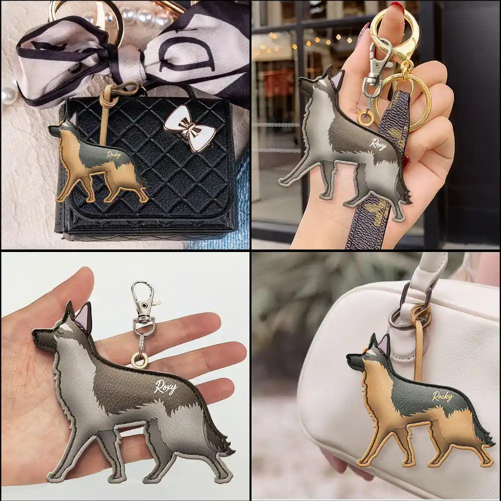 Dog Lovers,Pet Lovers,Dog Mom,Happy-German Shepherd Shaped, Dog Lovers Charm - Personalized Dog Leather Bag Charm, Keychain