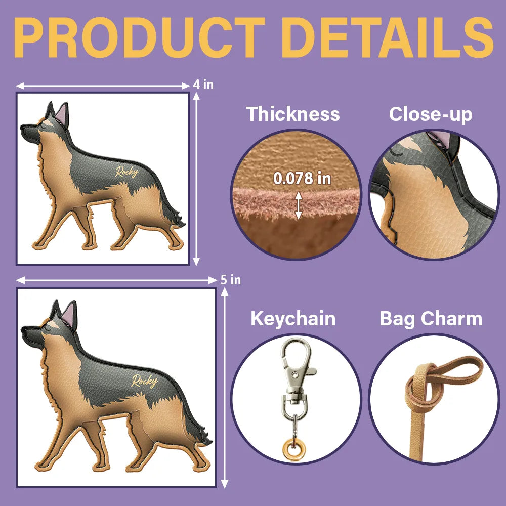 Dog Lovers,Pet Lovers,Dog Mom,Happy-German Shepherd Shaped, Dog Lovers Charm - Personalized Dog Leather Bag Charm, Keychain