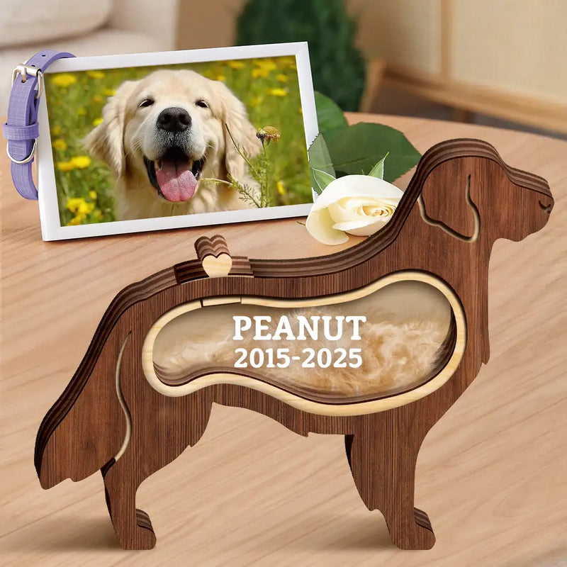 Dog Lovers,Dog Mom,Dog Dad,Pet Lovers,Pet Mom,Pet Dad,Memorial,Sad-Golden Retriever Dog Memorial Shadowbox Fur Keepsake - Personalized Pet Shaped Wooden Keepsake