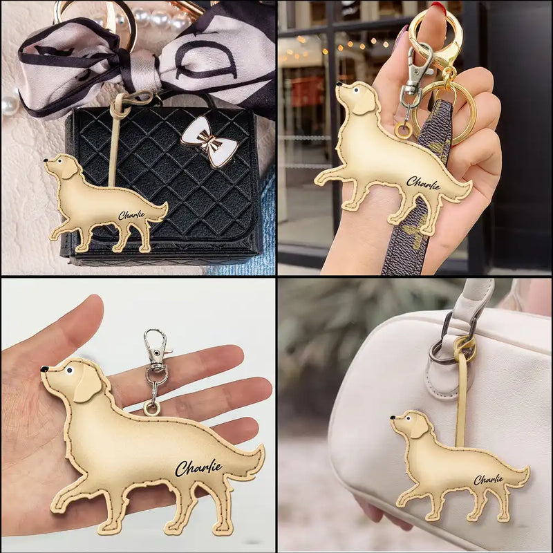Dog Lovers,Pet Lovers,Dog Mom,Happy-Golden Retriever Shaped, Dog Lovers Charm - Personalized Dog Leather Bag Charm, Keychain
