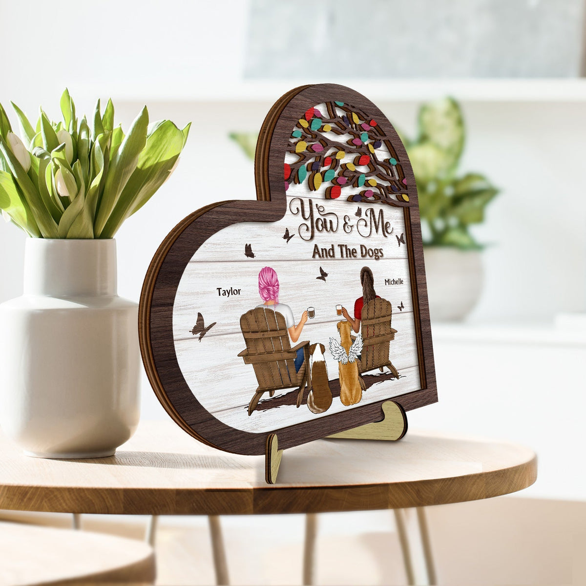 You And Me And The Fur Babies - Personalized 2-Layered Wooden Plaque With Stand