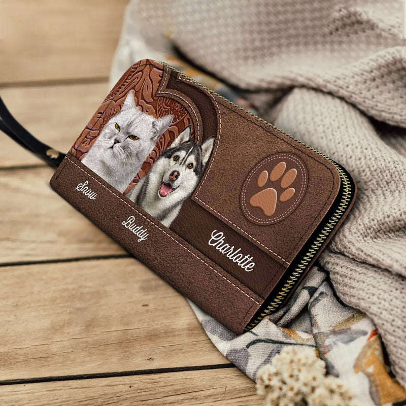 Custom Photo Cute Pet Pattern For Animal Lovers - Birthday, Loving Gift For Dog Lovers, Cat Lovers, Dog Mom, Cat Mom - Personalized Leather Long Wallet