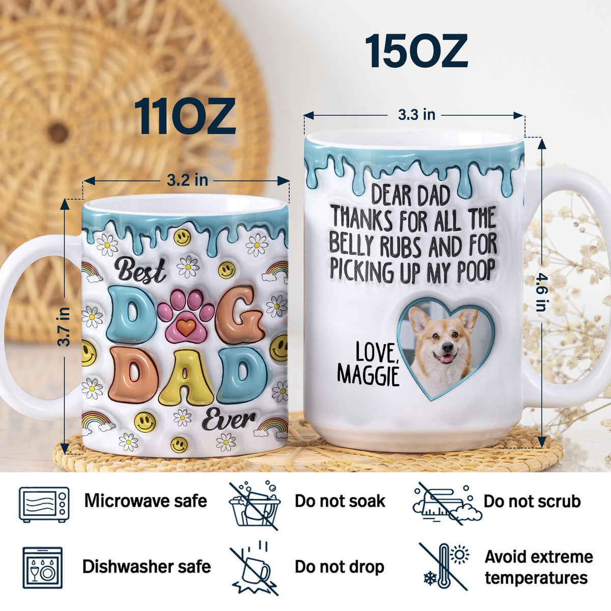 Custom Photo Thanks For All The Belly Rubs Dog Dad - 3D Inflated Effect Printed Mug, Personalized White Edge-to-Edge Mug