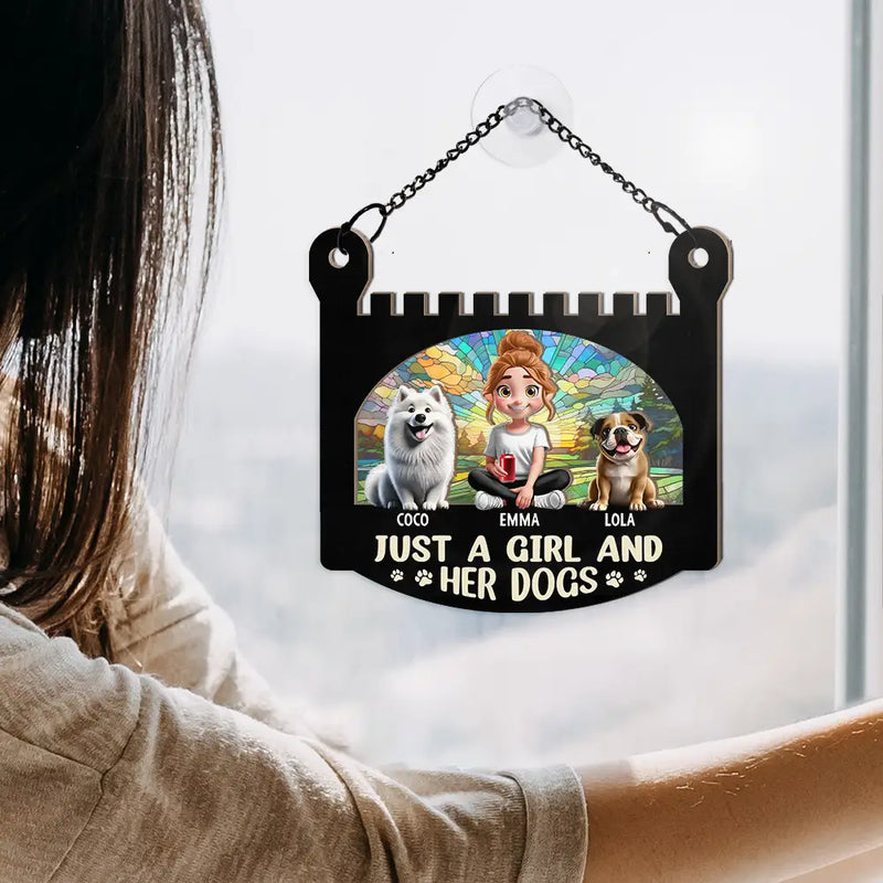 Dog Lovers,Dog Mom,Dog Dad,Pet Lovers,Pet Mom,Pet Dad,Happy,Gift For Kids - Just A Girl And Her Dog - Personalized Window Hanging Suncatcher Ornament