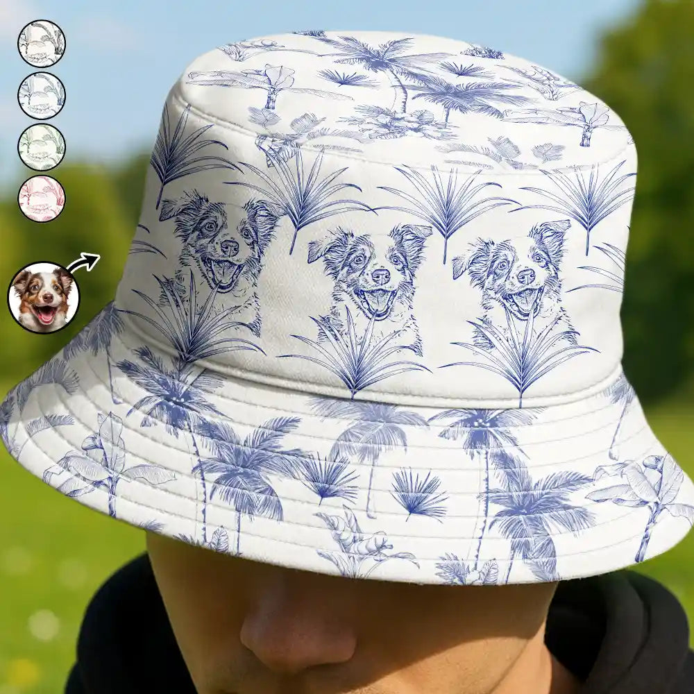 Custom Photo Toile De Jouy Pattern Pencil Drawing Family Pet - Personalized Bucket Hat
