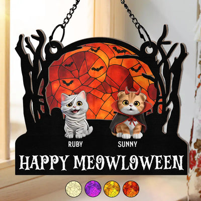 Happy Meowloween Funny Halloween Pets - Personalized Window Hanging Suncatcher Ornament