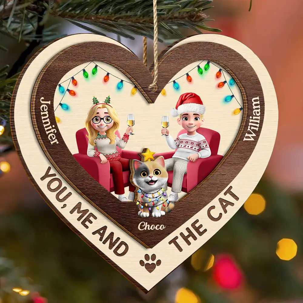 You Me And The Cats Heart - Personalized 2-Layered Wooden Ornament