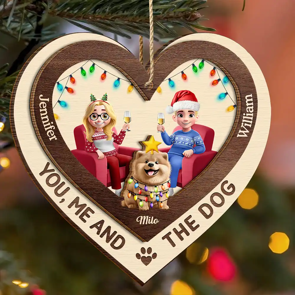 You Me And The Dog Heart - Personalized 2-Layered Wooden Ornament