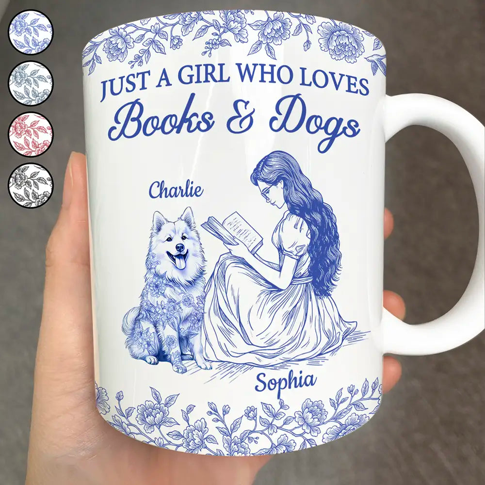 Toile De Jouy Just A Girl Who Loves Books And Dogs - Personalized White Edge-to-Edge Mug