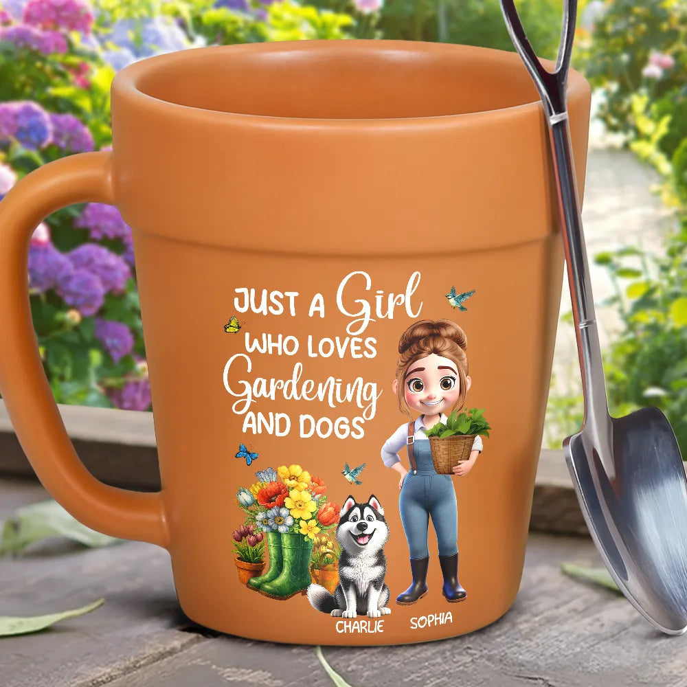 Just A Girl Who Loves Gardening And Dogs 3D Cartoon - Personalized Plant Pot Ceramic Mug