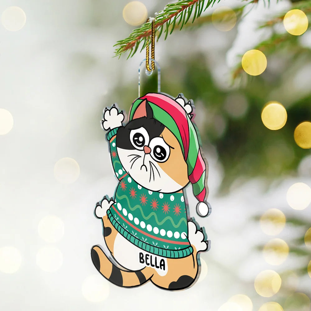 Funny Scratching Cat Christmas - Personalized Cutout Acrylic Ornament
