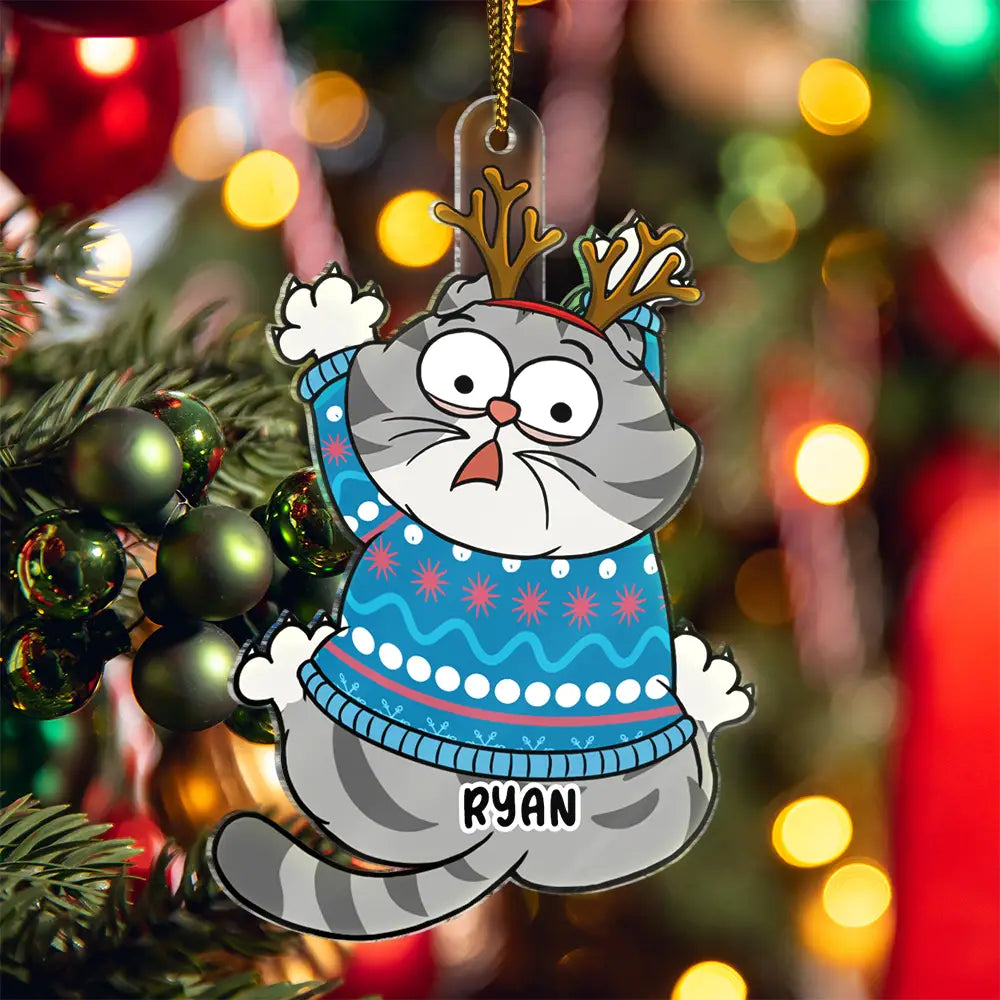 Funny Scratching Cat Christmas - Personalized Cutout Acrylic Ornament