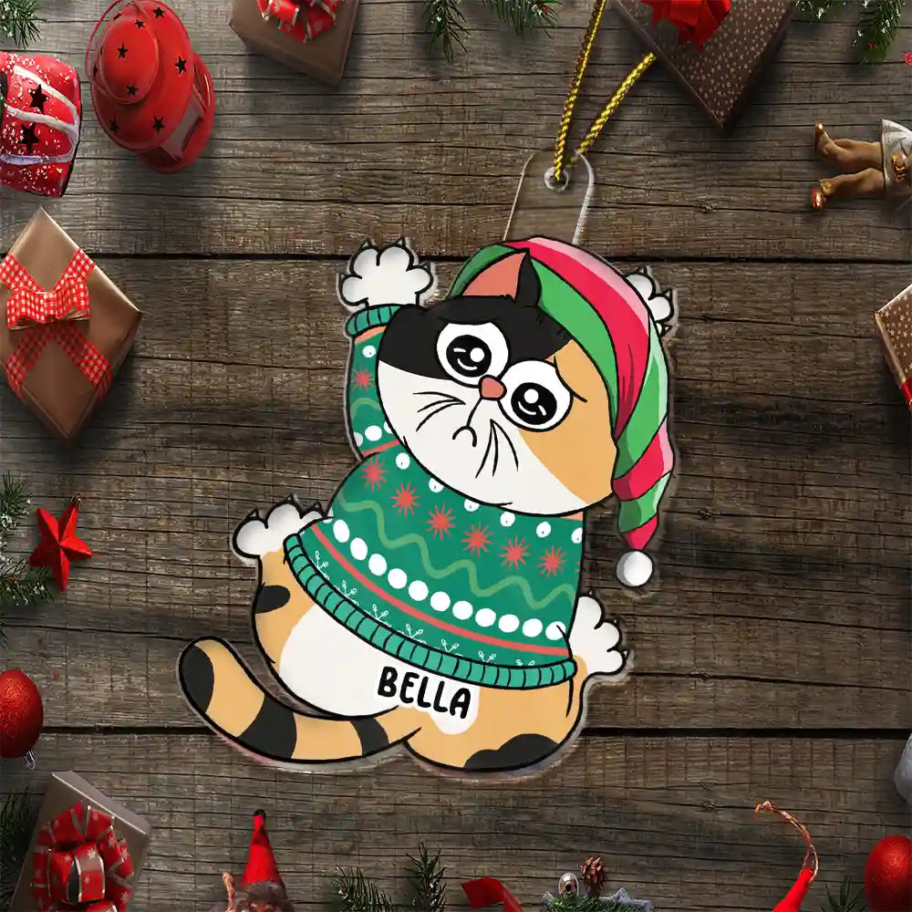 Funny Scratching Cat Christmas - Personalized Cutout Acrylic Ornament