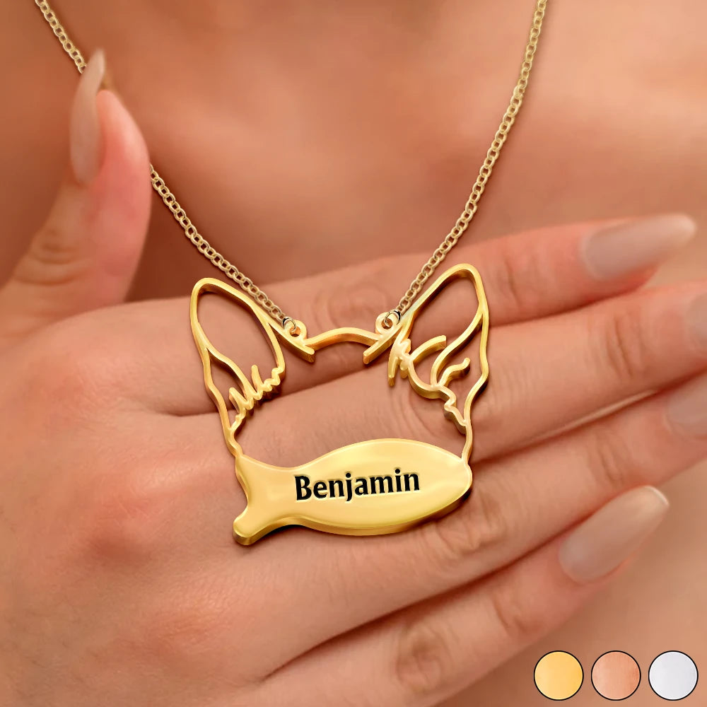 Cat Face Line Art With Name - Personalized Letter Necklace