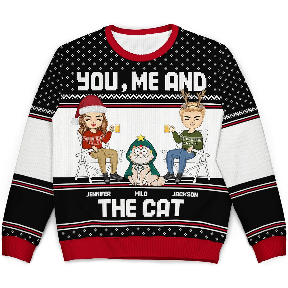Couple You, Me And The Cat - Personalized Unisex Ugly Sweater