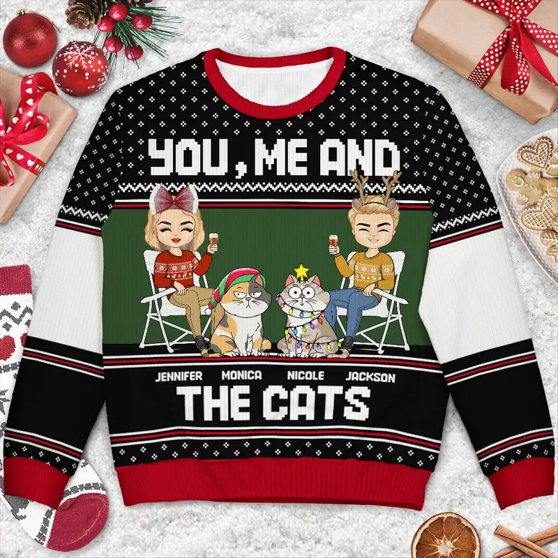 Couple You, Me And The Cat - Personalized Unisex Ugly Sweater