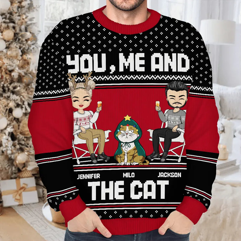 Couple You, Me And The Cat - Personalized Unisex Ugly Sweater